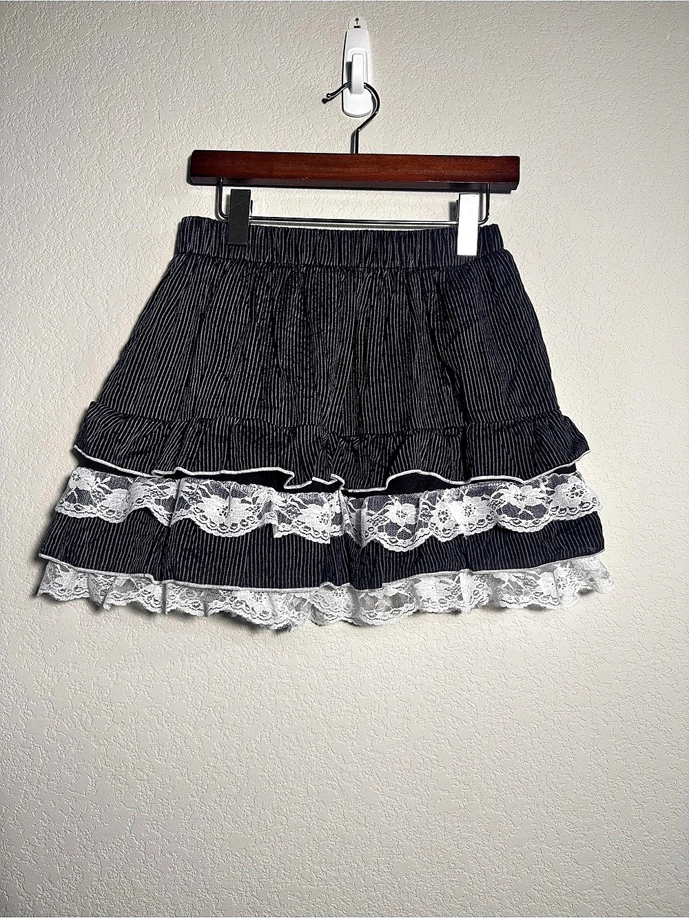 Black Pinstripe Mini Skirt Womens Lace Ruffle Tiered academia Lolita whimsigoth